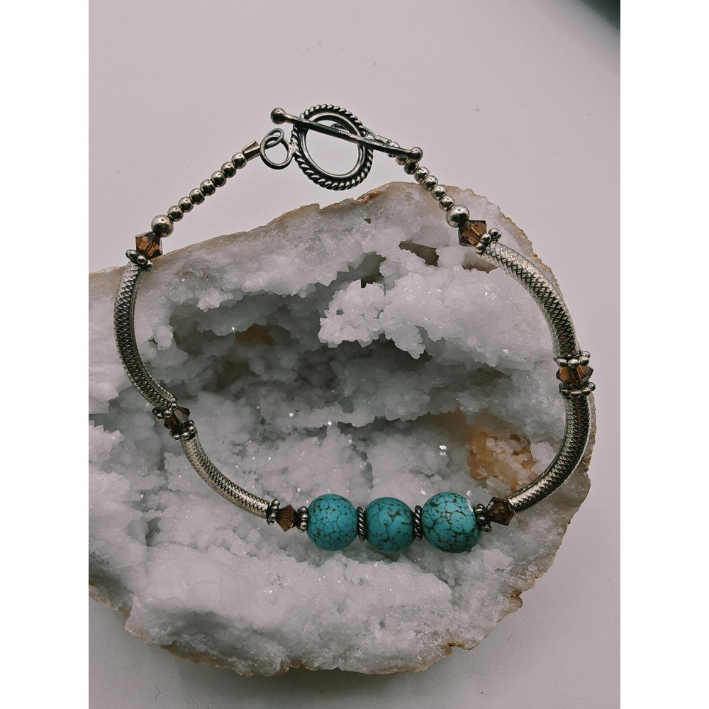 Sterling Silver Howlite Turquoise Bead Toggle Bracelet Smoky Crystal Artisan